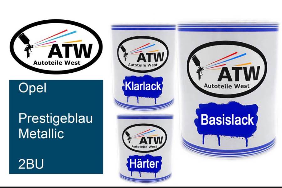 Opel, Prestigeblau Metallic, 2BU: 1L Lackdose + 1L Klarlack + 500ml Härter - Set, von ATW Autoteile West.